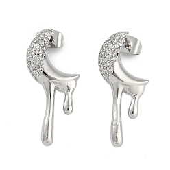 Нержавеющая Сталь Цвет Женские серьги-гвоздики из латуни с прозрачным кубическим цирконием, долговечный, луна, цвет нержавеющей стали, 25x12 мм