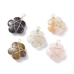 Golden Natural Gemstone Pendants, with Copper Wire Wrapped, Flower, Golden, 23.5~26x20x8~9.5mm, Hole: 2mm