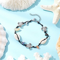 Turtle Плетеные браслеты из бусин из натуральных и синтетических драгоценных камней и ракушек каури, браслеты из тибетских бусин из сплава, черепаха, 7-1/2 дюйм (19 см)