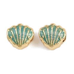 Настоящее золото 18K Латунные европейские эмалевые бусины, бусины с большим отверстием, формы раковины, реальный 18 k позолоченный, 10x10x8 мм, отверстие : 4 мм