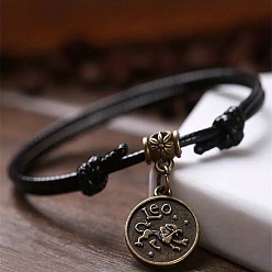 Лео Сплав плоский круглый с подвесками в виде созвездий двухслойный черный шнурок из искусственной кожи регулируемые браслеты на щиколотку, античная бронза, Лев, внутренний диаметр: 2-3/4~4-3/4 дюйм (70~120 мм)