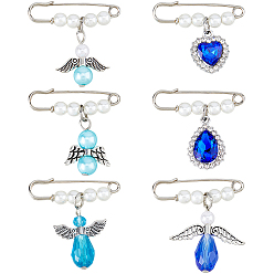 Platino 6 piezas 6 estilos broches de aleación y plástico ABS con perlas y vidrio, con fornituras de hierro, ángel, lágrima y corazón, Platino, 36~42 mm, 1 pc / estilo