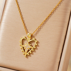 Золотой Корейская мода, латунные подвески в форме сердца и звезды с прозрачными кубическими цирконами, для женщин, золотые, 15.75 дюйм (40 см)