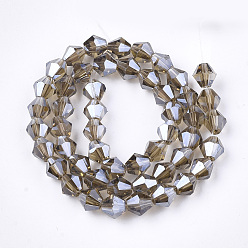 Dark Khaki Electroplate Glass Beads Strands, Pearl Luster Plated, Faceted, Bicone, Dark Khaki, 6x5.5~6mm, Hole: 1mm, about 44~47pcs/strand, 11.02 inch