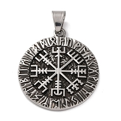 Античное Серебро 304 подвески из нержавеющей стали, плоский круг с руной и талисманом Вегвизир, античное серебро, 43x38x4 мм, отверстие : 10x6 мм