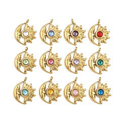 Золотой 304 из нержавеющей стали горный хрусталь подвески, подвески-камни со звездами и луной, ионное покрытие (ip), золотые, 19.5x16x3.5 мм, отверстие : 1.6 мм