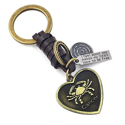 Cancer Heart with Constellations Antique Bronze Alloy Keychains, with Leather Cords, Cancer, 10cm