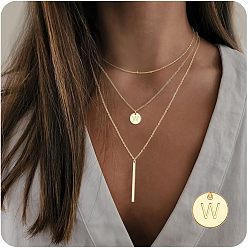 Letter W 3 шт. простой стиль латунная монета буква прямоугольник кулон 3 многослойные ожерелья, золотые, Буква W, 17.72 дюйм (45 см)
