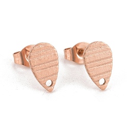 Розовое Золото Ионное покрытие (ip) 304 детали серьги-гвоздики из нержавеющей стали, с отверстием, рифленая слеза, розовое золото , 10x6 мм, отверстие : 1 мм, штифты : 0.8 мм