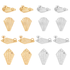 Golden & Stainless Steel Color 16Pcs 4 Style 304 Stainless Steel Stud Earring Findings, with Loop and Ear Nuts/Earring Backs, Kite & Scallop, Golden & Stainless Steel Color, 4pcs/Style