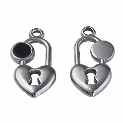 Stainless Steel Color 304 Stainless Steel Pendants, with Dyed Black Shell, Heart-Shaped Lock, Stainless Steel Color, 20x11x2.5mm, Hole: 1.6mm