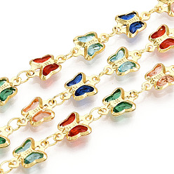 Разноцветный Латунные стеклянные цепочки-подвески в виде бабочек, пайки, с катушкой, золотые, красочный, 10.5~11x7x2 мм, около 32.81 футов (10 м) / рулон
