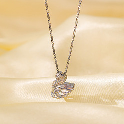 Лебедь Ожерелья с подвеской из латуни с микропаве и прозрачным кубическим цирконием для женщин, платина, лебедь, 15.75 дюйм (40 см), Кулон : 16.8x13.3 мм