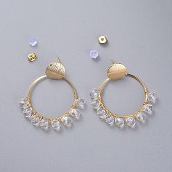 Clear AB Dangle Stud Earrings, with Glass Beads, Plastic & Brass Ear Nuts, Golden Plated Brass Findings and Cardboard Boxes, Ring, Clear AB, 43mm, Pin: 0.8mm