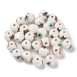 Weiß Halloween bedruckte europäische Holzperlen, Großloch perlen, Runde, weiß, 15.5~16x14.5 mm, Bohrung: 4 mm