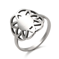 Couleur Acier Inoxydable 201 bagues en acier inoxydable anti-ternissement, bagues larges à fleurs évidées pour femmes, couleur inox, taille us 6 (16.5 mm), fleur: 15.5x13 mm