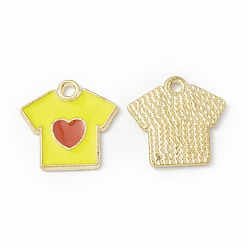 Amarillo Colgantes de la aleación del esmalte, camiseta con estampado de corazón, dorado, amarillo, 16x16x1.2 mm, agujero: 1.7 mm