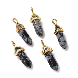 Снежный Обсидиан Естественно снежинка обсидиана подвески, граненые, с фурнитурой латунной золотого тона, без свинца и без кадмия, пуля, 27~30x9~10x7~8 мм, отверстие : 4x3 мм