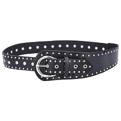 Black Imitation Leather with Alloy Rivets Chain Belts, Platinum, Black, 1050x38.5~81x2.5~14mm