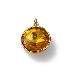 Желтый 316 подвески из граненого стекла из нержавеющей стали, плоско-круглые, ионное покрытие (ip), реальный 18 k позолоченный, с петлей, желтые, 15.5x13.5x7 мм, отверстие : 2.5 мм