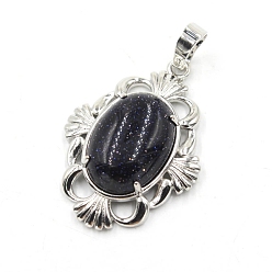 Синий Драгоценный Камень Синтетический синий авантюрин подвески, подвески-цветы из латуни платинового тона, 34x25x9 мм