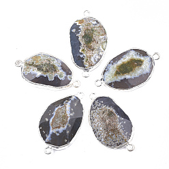 Gainsboro Electroplate Natural Agate Links connectors, with Iron Findings, Dyed, Nuggets, Platinum, Gainsboro, 43~46x22~27x8~15mm, Hole: 2mm
