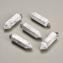 Howlite Natural Howlite Pendants, Hexagon Charms, with 304 Stainless Steel Snap on Bails, Stainless Steel Color, 49~51x13~14x15~16mm, Hole: 7.5x4mm