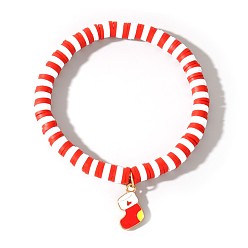 Рождественская елка Рождественские 304 браслеты из нержавеющей стали с эмалированными подвесками, Браслеты из полимерной глины, бусины хейши, эластичные для женщин, зелёные, рождественская елка, 6.89 дюйм (17.5 см)