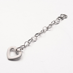 Stainless Steel Color Tarnish Resistant 304 Stainless Steel Heart Link Chain Extender, with Heart Charms, Stainless Steel Color, 57.5x3.5mm