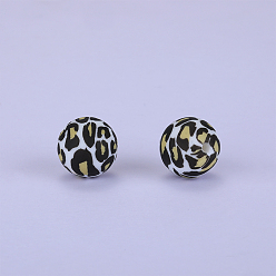 Black Printed Round with Leopard Print Pattern Silicone Focal Beads, Black, 15x15mm, Hole: 2mm