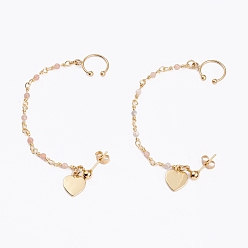 Moonstone 304 Stainless Steel Stud Earrings, with Clip-on Earrings and Natural Moonstone Beaded Chains, Heart, Real 18K Gold Plated, 15mm, Pin: 0.7mm