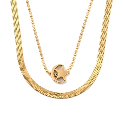 Звезда Двухслойные ожерелья, 304 ожерелье из нержавеющей стали для женщин, звезда, 15.94 дюйм (40.5 см), звезда и луна: 10x10 мм