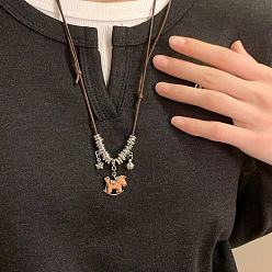 Platinum Alloy & Plastic Horse Pendant Adjustable Waxed Cord Long Necklaces for Women, PeachPuff, Platinum, 23.62 inch(60cm)