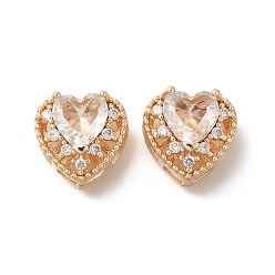 Прозрачный Стойки обшивки латунь микро проложить кубического циркония бусы, со стеклом, долговечный, без свинца и без кадмия, золотые, сердце, прозрачные, 11x12x7 мм, отверстие : 1.6 мм