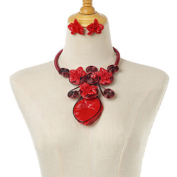 Красный Комплекты украшений из сплава алюминия и акриловой смолы, включают серьги и ожерелья, цветок, красные, Ожерелья: 400 mm, Серьги: 43 mm