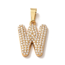 Letter W 304 Stainless Steel Micro Pave Clear Cubic Zirconia Pendants, Letter Charms, Golden, Ion Plating(IP), Letter W, 18x13.5x2.5mm, Hole: 6x2.5mm