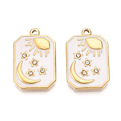Белый Ионное покрытие (ip) 304 подвески из нержавеющей стали, с эмалью и горный хрусталь, прямоугольник солнце луна звезда подвески, реальный 18 k позолоченный, белые, 20x13x2.5 мм, отверстие : 1.4 мм
