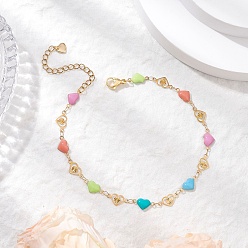 Золотой 304 браслеты на ногу из нержавеющей стали с цветными сердечками и эмалированными вставками, золотые, 8-7/8 дюйм (225 мм)