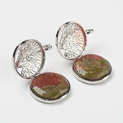 Унакит Природные подвески Unakite, С выводами медальона из медных рассеивателей, плоские круглые с деревом, платина, 31x25x8 мм, отверстие : 4 мм