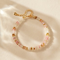 Watermelon Stone Glass Handmade Watermelon Stone Glass Rondelle Beaded Bracelets with 304 Stainless Steel End Chains, Real 18K Gold Plated, 7.09 inch(18cm)