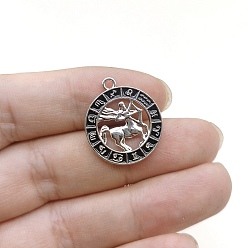 Стрелец Подвески из сплава со стразами на тему созвездий, плоские круглые прелести, с эмалью, серебряные, Стрелец, 24x21 мм