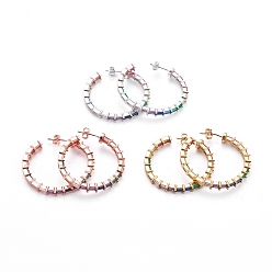 (52) Непрозрачная лаванда Латунные микро проложить серьги стержня кубического циркония, серьги-кольца, с латунными гайками для ушей, кольцо, красочный, разноцветные, 34~36x3.5 мм, штифты : 0.7 мм
