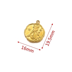 Aquarius 304 Stainless Steel Pendant, Golden, Flat Round with Constellation Charm, Aquarius, 19.5x16mm