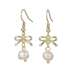 Golden Alloy Bowknot Dangle Earrings, Natural Pearl Drop Earrings, Golden, 36x12.5mm