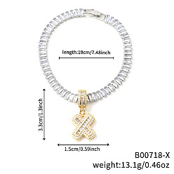 Letter X Модные латунные браслеты с подвесками из прозрачных кубических цирконий с микропаве, теннисные браслеты со стразами для женщин, буквы, Письмо X, 7-1/2 дюйм (19 см)