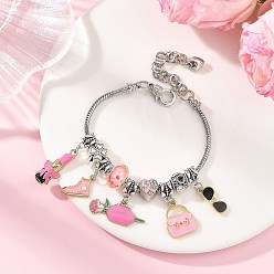 Pink Makeup Theme Alloy Enamel Lipstick Handbag Shoe Charm Brass European Bracelets for Women, Antique Silver & Golden, Pink, 7.52 inch(19.1cm)