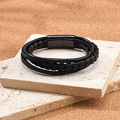 Черный Ионное покрытие(ip) плетеные микрофибровые кожаные многорядные браслеты для мужчин, с 316 фурнитурой из хирургической нержавеющей стали, чёрные, 8-1/8 дюйм (20.5 см)