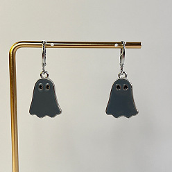 Черный Серьги-кольца из сплава с эмалью, призрак, платина, чёрные, 30x12 мм