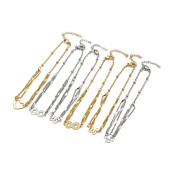 Mixed Patterns 304 Stainless Steel Link Anklet with Satellite Chains for Women, Mixed Patterns, Pendant: 9.5~20x8.5~13x0.5mm, 8-5/8 inch(22cm)