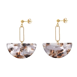 Coconut Brown Cellulose Acetate(Resin) Semi Circle Dangle Stud Earrings, with Brass Linking Rings, 304 Stainless Steel Stud Earring Findings and Ear Nuts, Golden, Coconut Brown, 48mm, Pin: 0.7mm